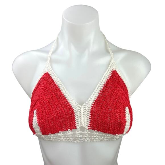 Red White Handmade Crochet Knitted Halter Tie Back Bikini Bralette Bra Top Sz S - Picture 1 of 2